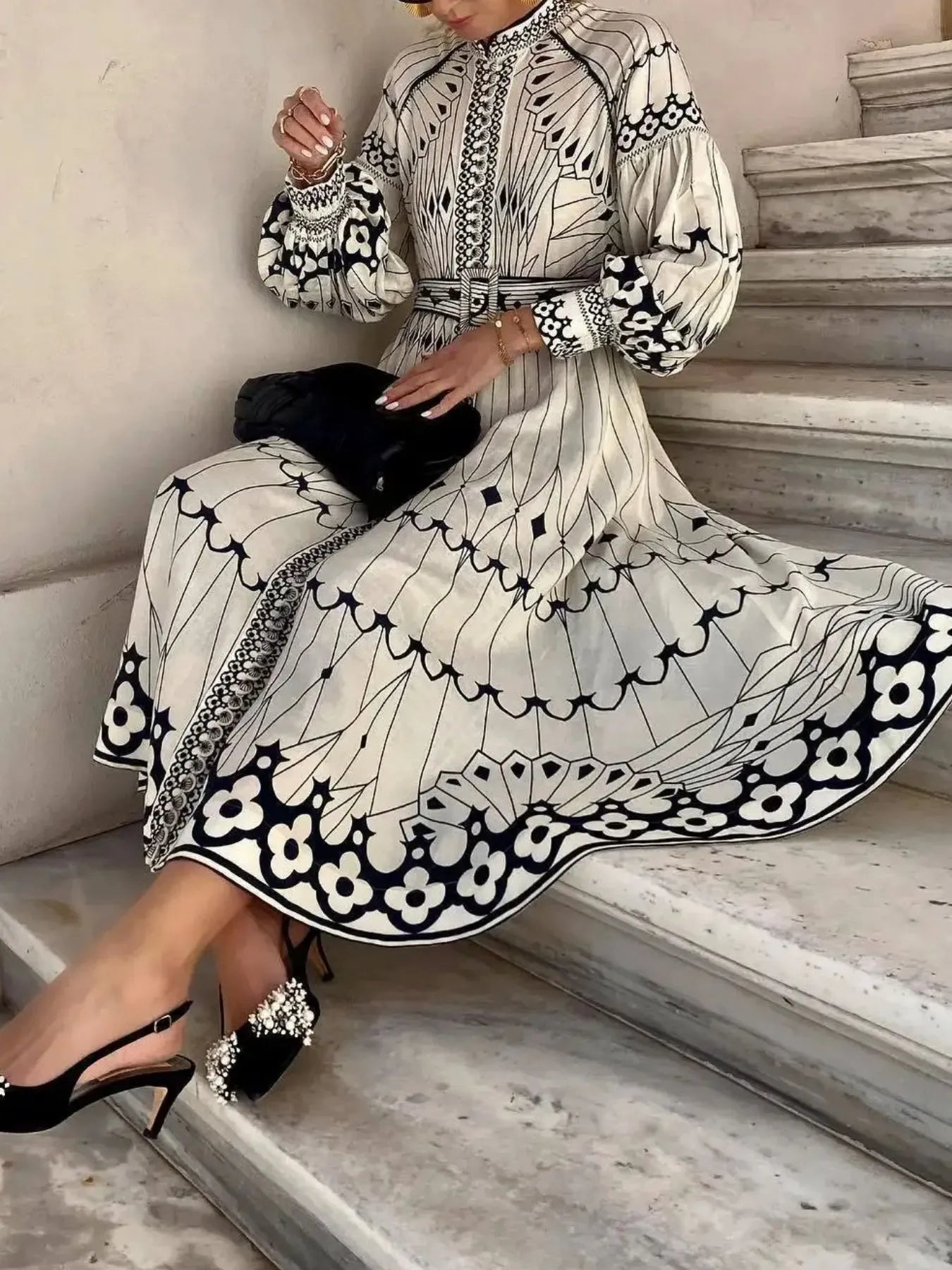 Printed Long Sleeve Shirt Dress with Belt – NUHRAE